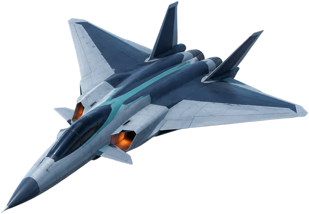 Shearwater M-7, jet tempur sayap delta bersirip ganda, menukik dari atas awan.