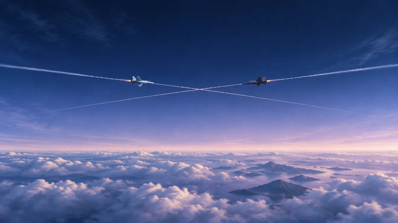 Dua jet berpapasan di langit navy, jejak kondensasinya bersilang membentuk huruf X di atas lapisan awan.