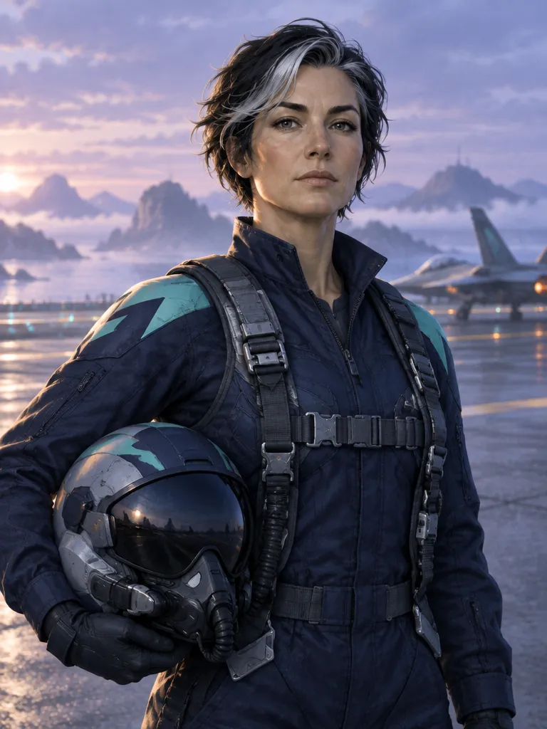 Soraya Valk, Lance-1, perempuan berambut hitam beruban pendek, helm di lengan kanan, berdiri di landasan saat fajar.