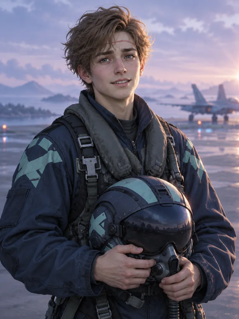 Ren Alder, Lance-4, pilot muda berambut cokelat pasir, memeluk helm di dada dengan senyum gugup.