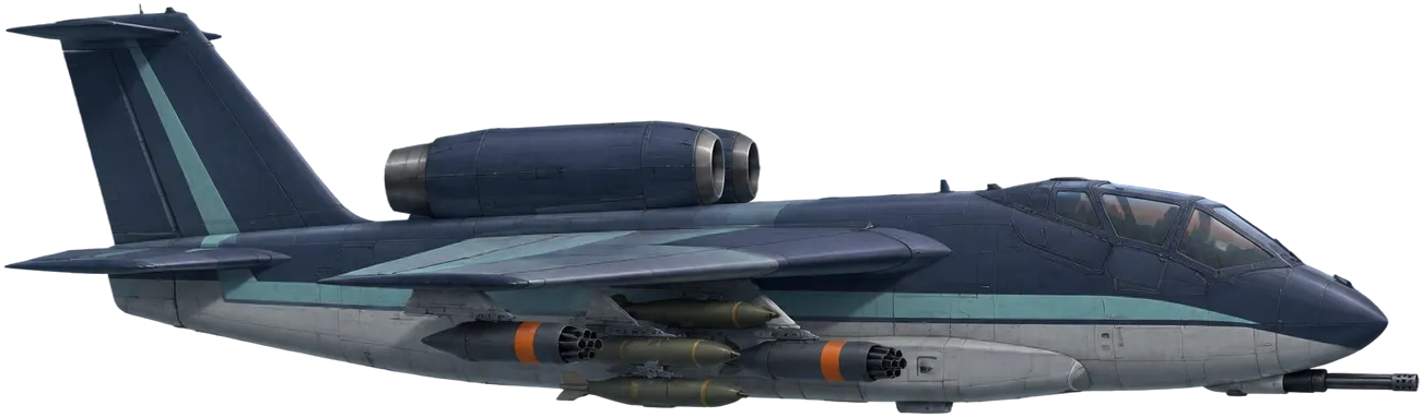 Gannet M-12 dari samping: jet serang darat berlapis baja dengan sayap lurus tebal dan kantong roket.