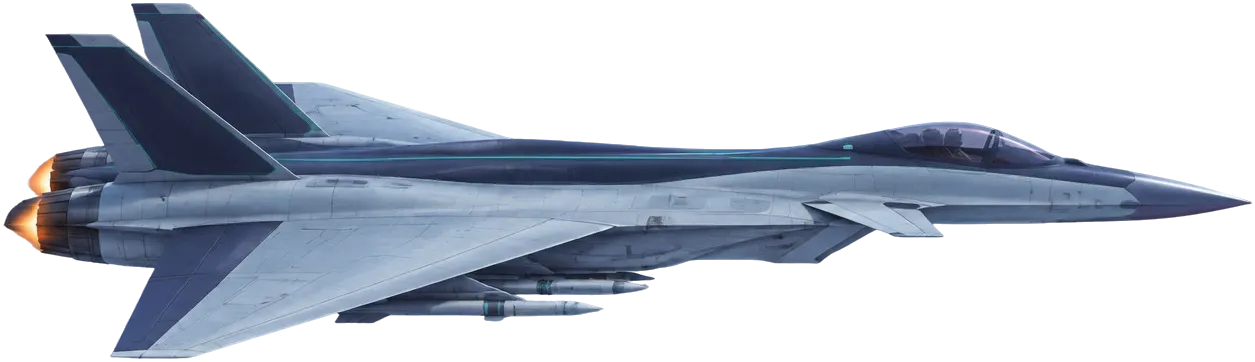 Shearwater M-7 dari samping: jet sayap delta bersirip ganda, abu kebiruan dengan panel navy.