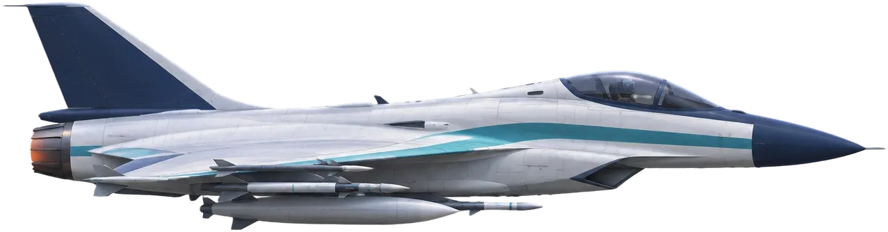 Tern M-9 dari samping: jet satu mesin berlivery putih dengan hidung navy dan garis teal.