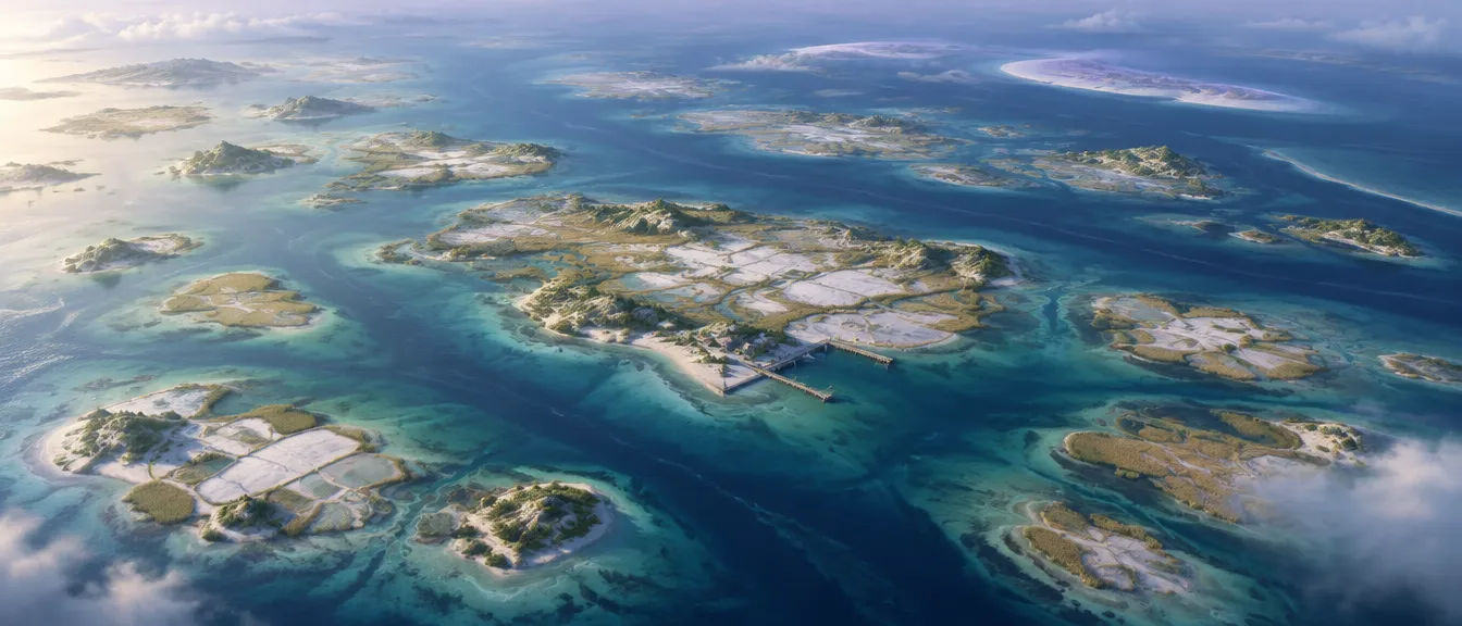 Gugusan pulau rendah bertambak garam putih di perairan turquoise, dengan satu dermaga kecil di pulau terbesar.
